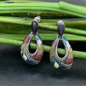 Vintage Unsigned Multicolored Swirl Enamel Door Knocker Pierced Earrings